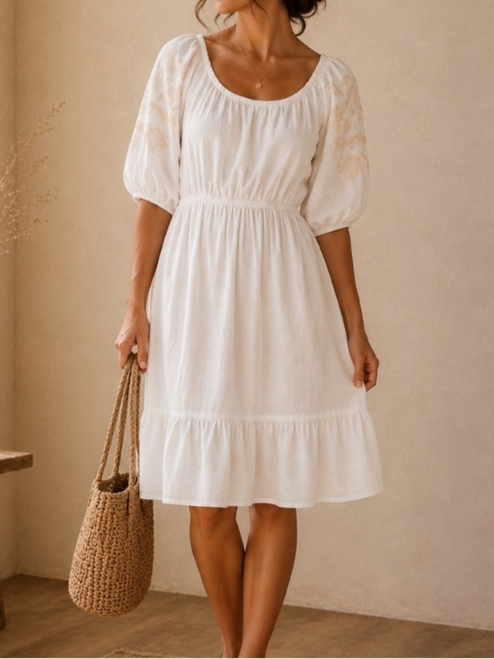 KNOX ROSE | 100% Cotton Dress | White Embroidered Ruffle Cottagecore Midi Dress